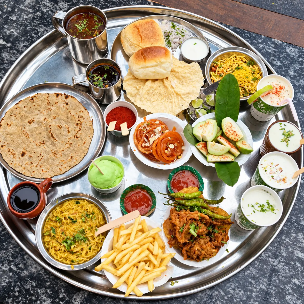 Overhead view of a large thali with misal, pav, guava slices, jalebi and drinks